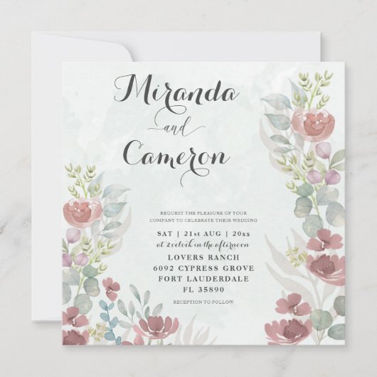 フローラ素朴オレンジ色の水のカラー結婚式招待状 (正面)