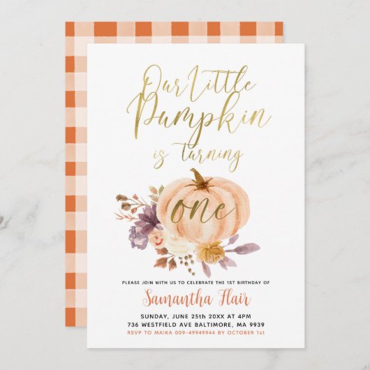 フローラ素朴カボチャが1つの誕生日 招待状 (正面/裏面)