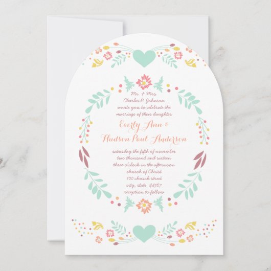 フローラ素朴ガーランドフォークアートマルサラ結婚ズ 招待状 (正面)