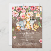 フローラ素朴ガールズサファリ動物ベビーシャワー 招待状 (正面)