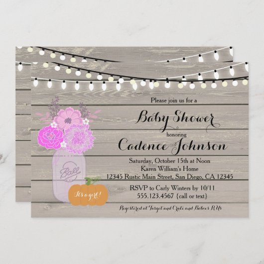 フローラ素朴ガールパープルベビーシャワー招待状 招待状 (正面/裏面)