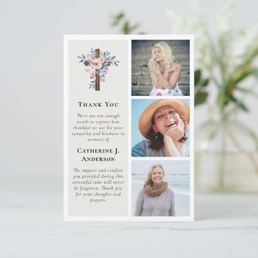 フローラ素朴クロス3フォト悔やみや弔慰葬儀 サンキューカード (スタンド正面)