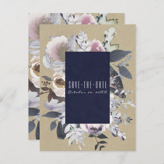 フローラ素朴グラムネイビークラフト日付を保存 案内ポストカード (正面/裏面)