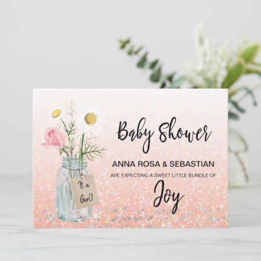 *~*フローラ素朴グリッターメイスンジャーブベイビーシャワー 招待状 (スタンド正面)
