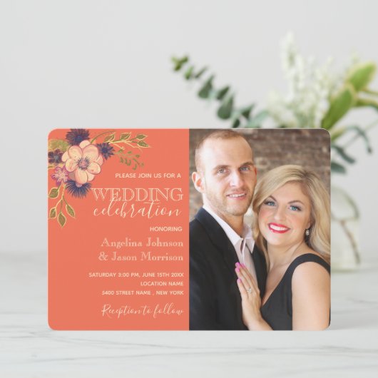 フローラ素朴サンゴとネイビー結婚ブルーの写真 招待状 (スタンド正面)