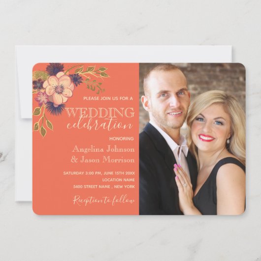 フローラ素朴サンゴとネイビー結婚ブルーの写真 招待状 (正面)