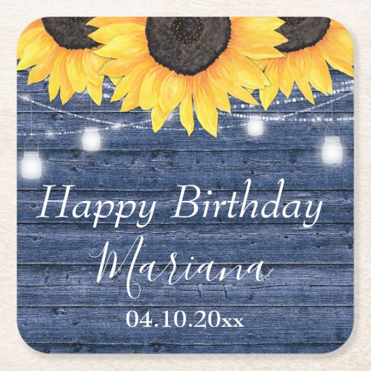 フローラ素朴サンフラワーズブルーバースデーパーティー スクエアペーパーコースター (正面)