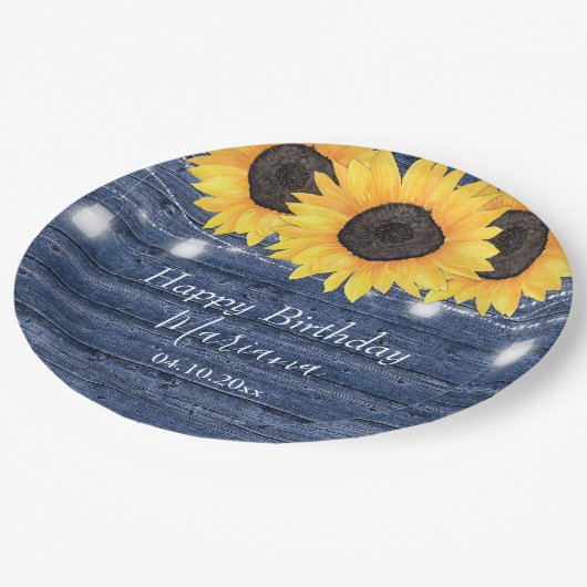 フローラ素朴サンフラワーズブルーバースデーパーティー ペーパープレート (アングル)