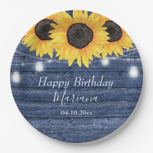 フローラ素朴サンフラワーズブルーバースデーパーティー ペーパープレート (正面)