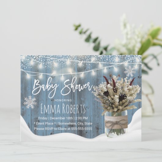 フローラ素朴ジャーほこりっぽい青い冬の赤ちゃんシャワー 招待状 (スタンド正面)