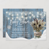 フローラ素朴ジャーほこりっぽい青い冬の赤ちゃんシャワー 招待状 (正面/裏面)