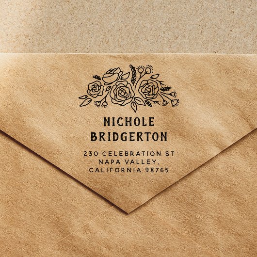 フローラ素朴スタイル差出人住所木製 ラバースタンプ