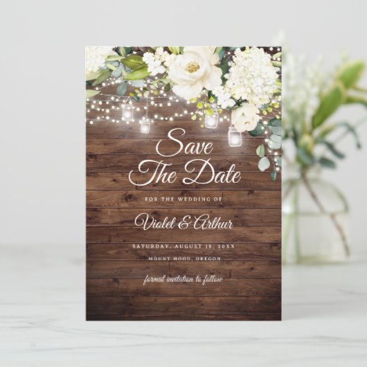 フローラ素朴ストリングライトウェディング日付の保存 招待状 (スタンド正面)