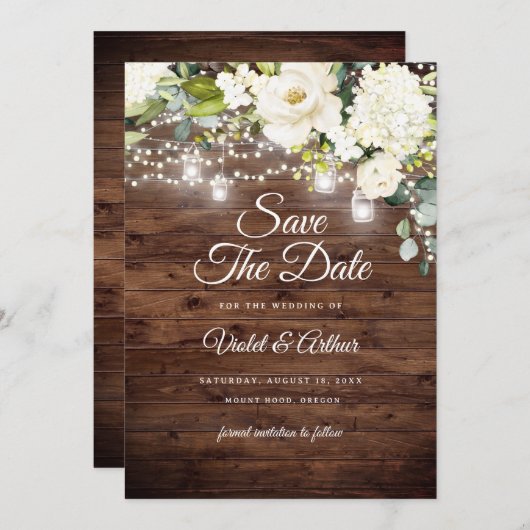 フローラ素朴ストリングライトウェディング日付の保存 招待状 (正面/裏面)