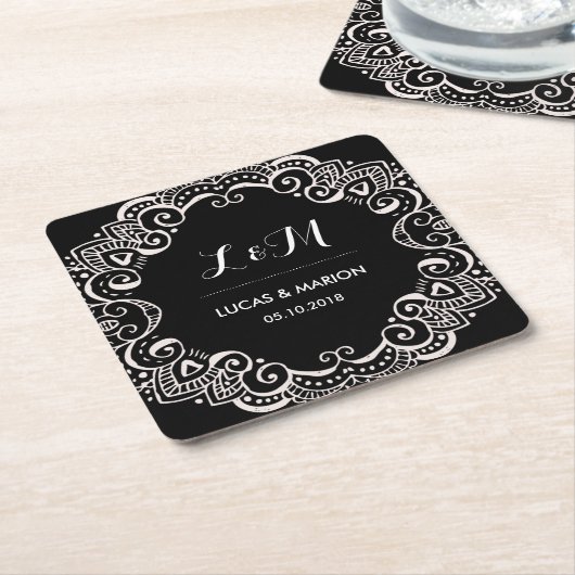 フローラ素朴スワールアートオーナメントウェディングパーティー スクエアペーパーコースター (アングル)