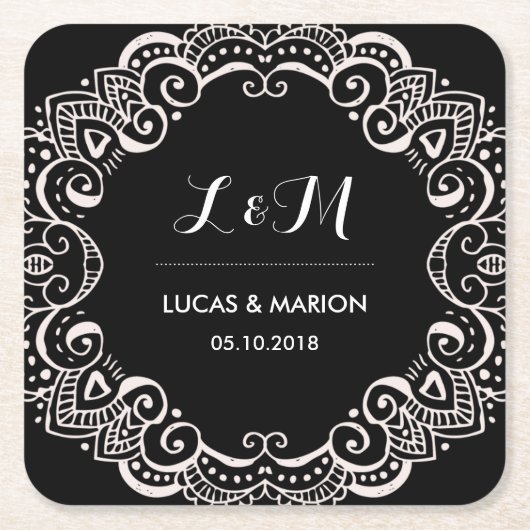 フローラ素朴スワールアートオーナメントウェディングパーティー スクエアペーパーコースター (正面)