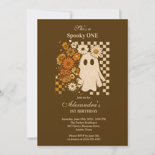 フローラ素朴チェッカーボード幽霊1st誕生日 招待状 (正面)