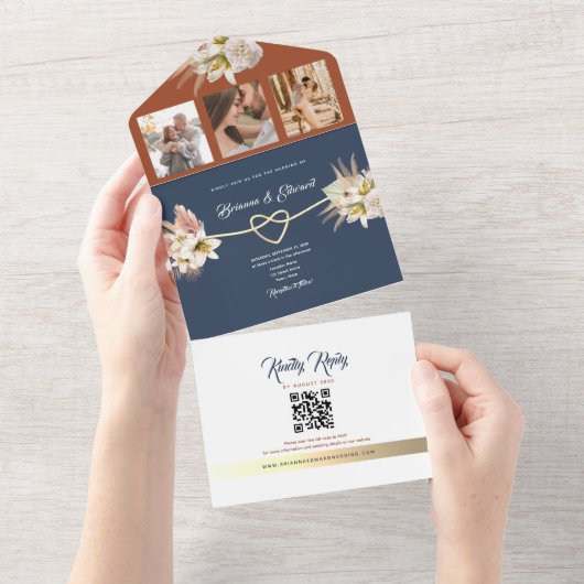 フローラ素朴テラコッタネイビーブルー結婚ズ オールインワン招待状 (貼ってはがせる)