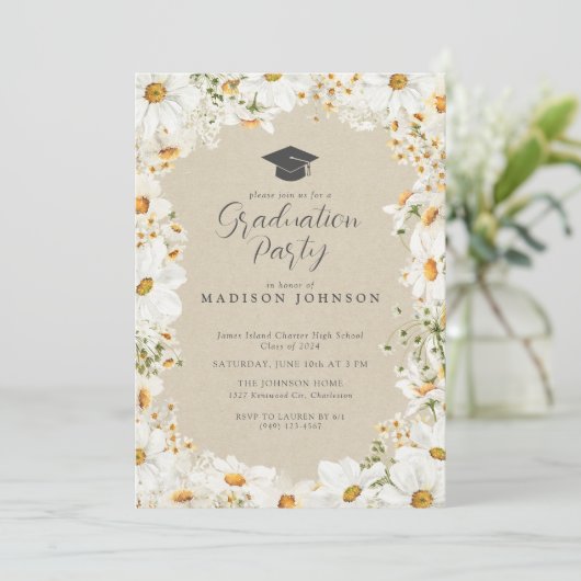 フローラ素朴デイジー水彩卒業パーティー 招待状 (スタンド正面)