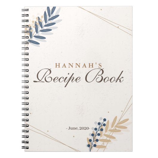 フローラ素朴ネイビーブルー金ゴールドブライダルシャワーレシピ ノートブック (正面)