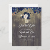 フローラ素朴ネイビーMason Jar日付を保存 案内ポストカード (正面/裏面)