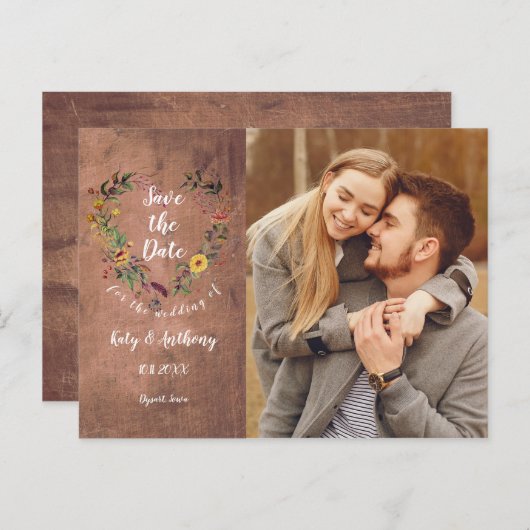 フローラ素朴ハート写真ウェディング日付の保存 案内ポストカード (正面/裏面)
