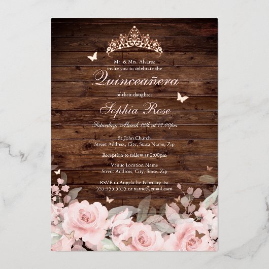 フローラ素朴バラ金ゴールドバタフライキンセアニェラ 箔招待状 (正面)