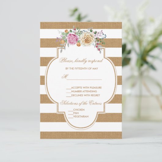 フローラ素朴バーラップストライプウェディングRSVP 出欠カード (スタンド正面)