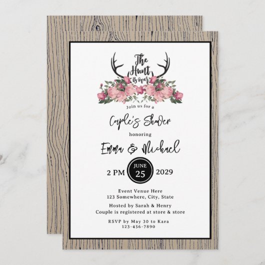 フローラ素朴バーンウッド狩りがカップルのシャワー上にある 招待状 (正面/裏面)