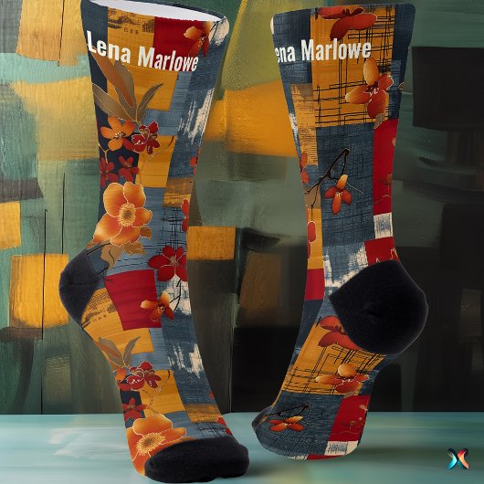 フローラ素朴パッチワークソックス – カスタムレッドネイビー ソックス