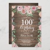 フローラ素朴ピンクピニーズ100誕生日 招待状 (正面/裏面)