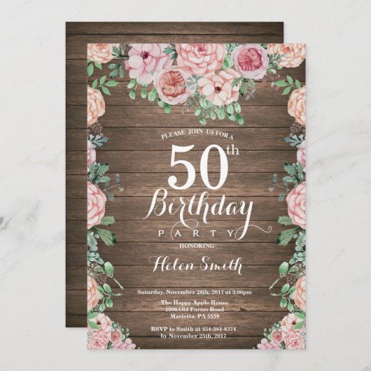 フローラ素朴ピンクピニーズ50誕生日 招待状 (正面/裏面)