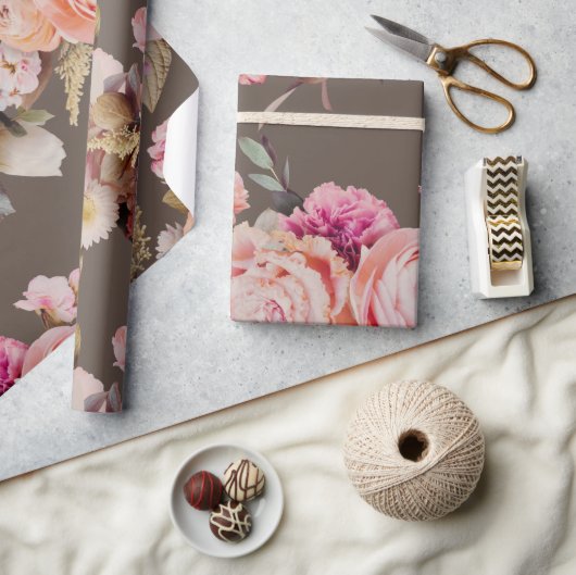 フローラ素朴ピンクピーチシャビーシックモダン ラッピングペーパー (クラフト)