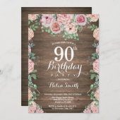 フローラ素朴ピンクペオニー90誕生日 招待状 (正面/裏面)