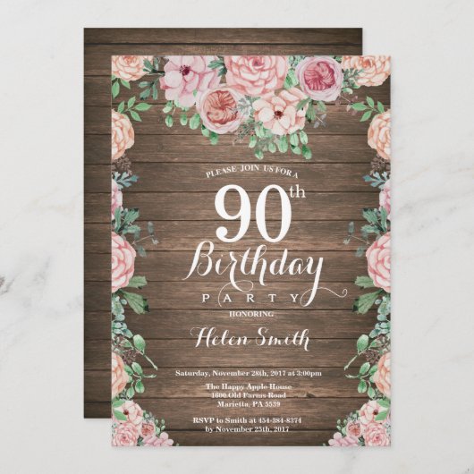 フローラ素朴ピンクペオニー90誕生日 招待状 (正面/裏面)