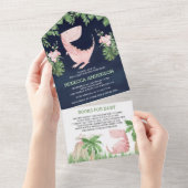 フローラ素朴ピンク恐竜ネイビーブルーベビーシャワー オールインワン招待状 (貼ってはがせる)