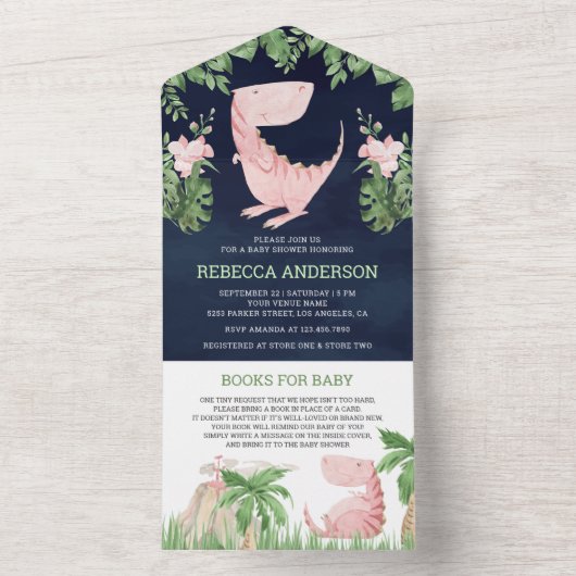 フローラ素朴ピンク恐竜ネイビーブルーベビーシャワー オールインワン招待状 (内側)