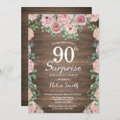フローラ素朴ピンク牡丹サプライズ90誕生日 招待状 (正面/裏面)