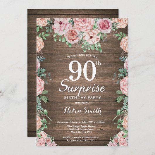 フローラ素朴ピンク牡丹サプライズ90誕生日 招待状 (正面/裏面)