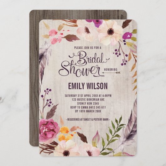 フローラ素朴ブライダルシャワー招待ボホパーティー 招待状 (正面/裏面)