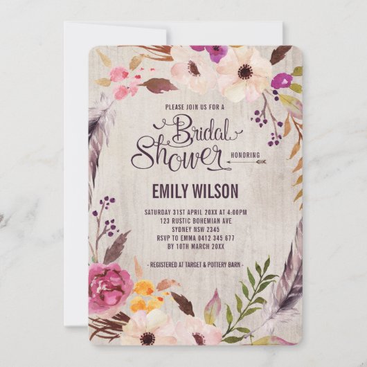フローラ素朴ブライダルシャワー招待ボホパーティー 招待状 (正面)