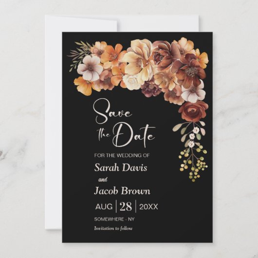 フローラ素朴ブラックウェディング日付を保存 招待状 (正面)