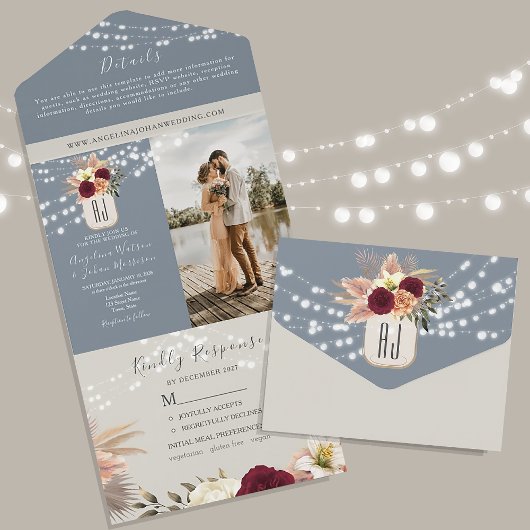 フローラ素朴ブルゴーニュと埃っぽいブルー結婚ズ オールインワン招待状