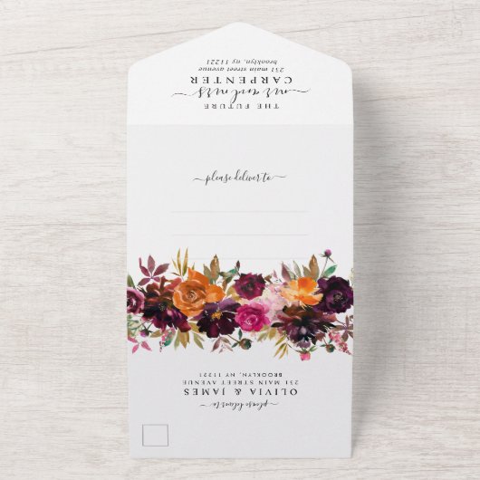 フローラ素朴ブルゴーニュパープルイエロー秋の結婚式 オールインワン招待状 (外側)