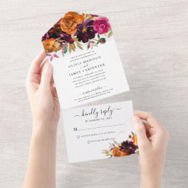 フローラ素朴ブルゴーニュパープルイエロー秋の結婚式 オールインワン招待状
