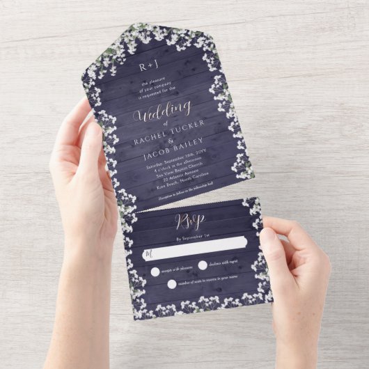 フローラ素朴ベビーズブレスネイビーブルーウッド結婚ズ オールインワン招待状 (貼ってはがせる)