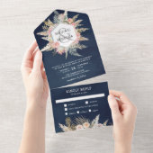 フローラ素朴ボホパンパスグラスネイビーブルー結婚ズ オールインワン招待状 (貼ってはがせる)