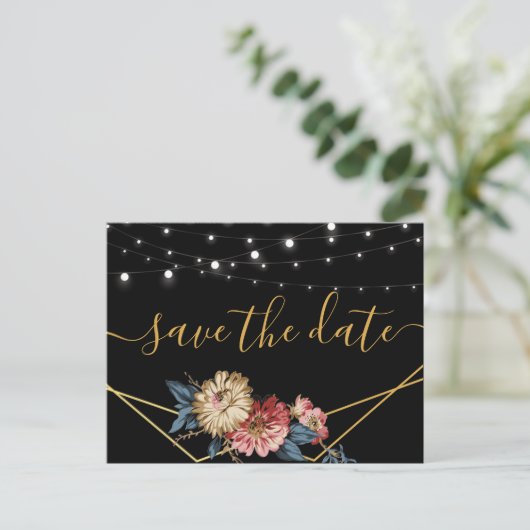 フローラ素朴マグノリア文字列ライト日付の保存 案内ポストカード (スタンド正面)