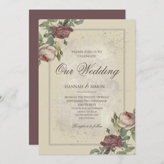 フローラ素朴ミニマルなブルゴーニュ金ゴールド結婚ズ 招待状 (正面/裏面)