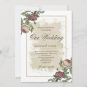 フローラ素朴ミニマルなブルゴーニュ金ゴールド結婚ズ 招待状 (正面)